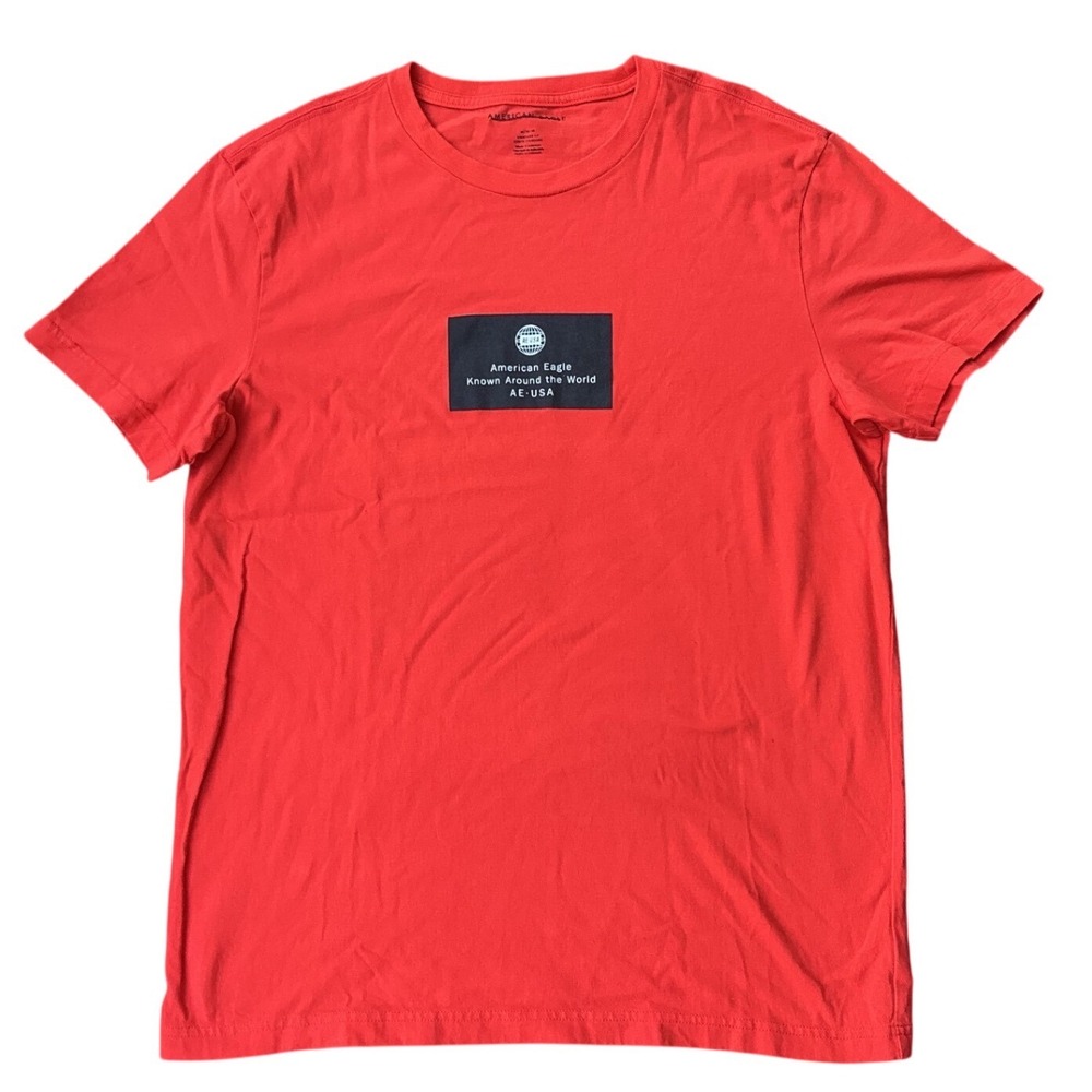 American Eagle T-Shirt Mens Medium Red Excellent Graphic Logo AE-USA Globe Tee